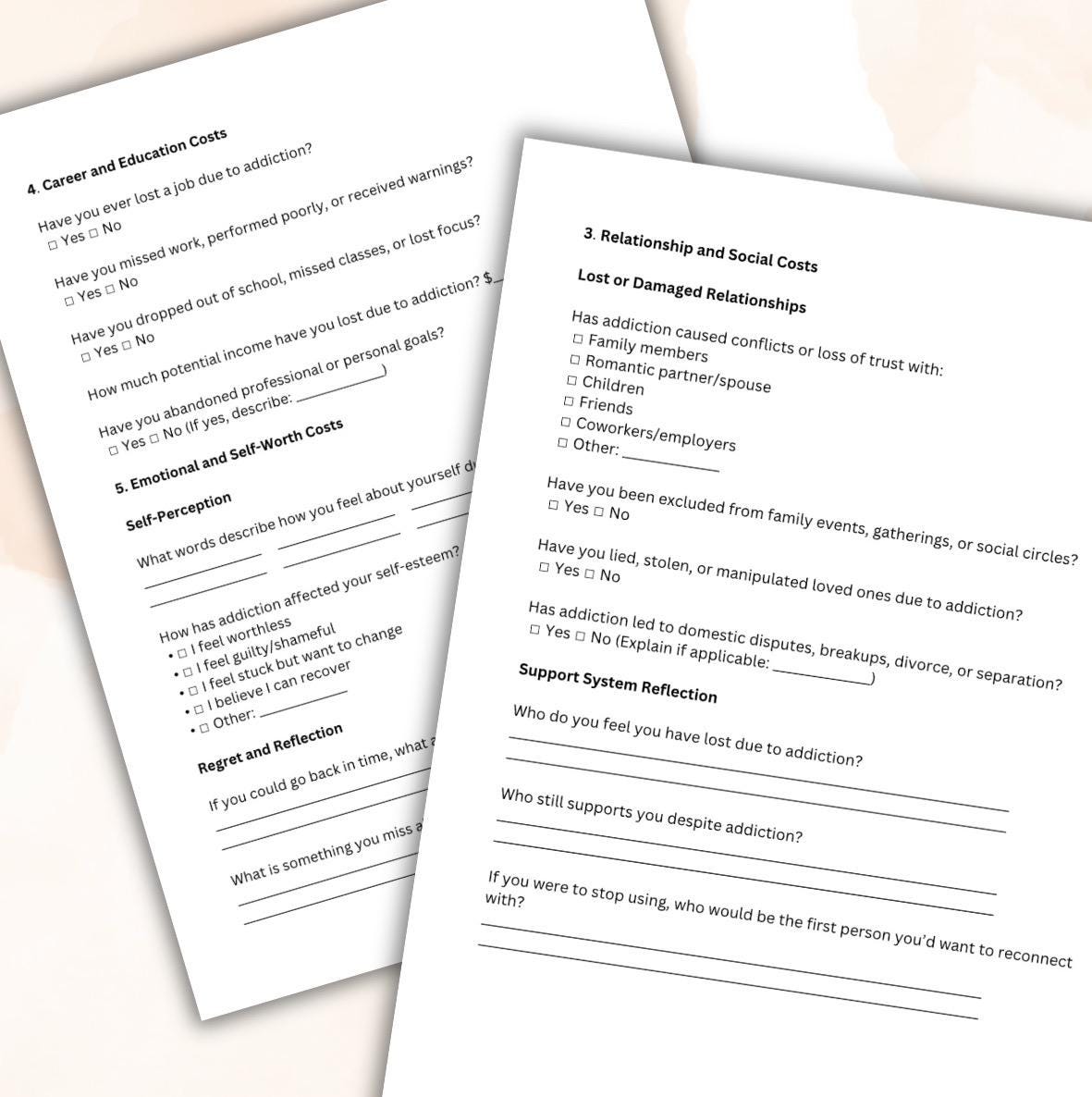 Cost of Addiction Self-Reflection Worksheet Recovery Planning