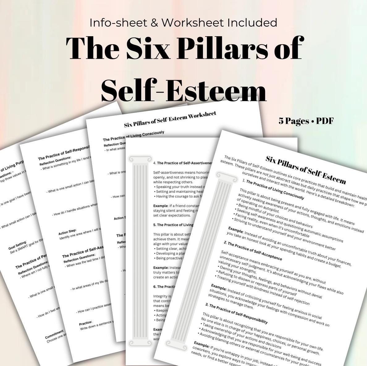 Six Pillars of Self-Esteem Bundle Guided Worksheet Info Sheet for Confidence & Growth