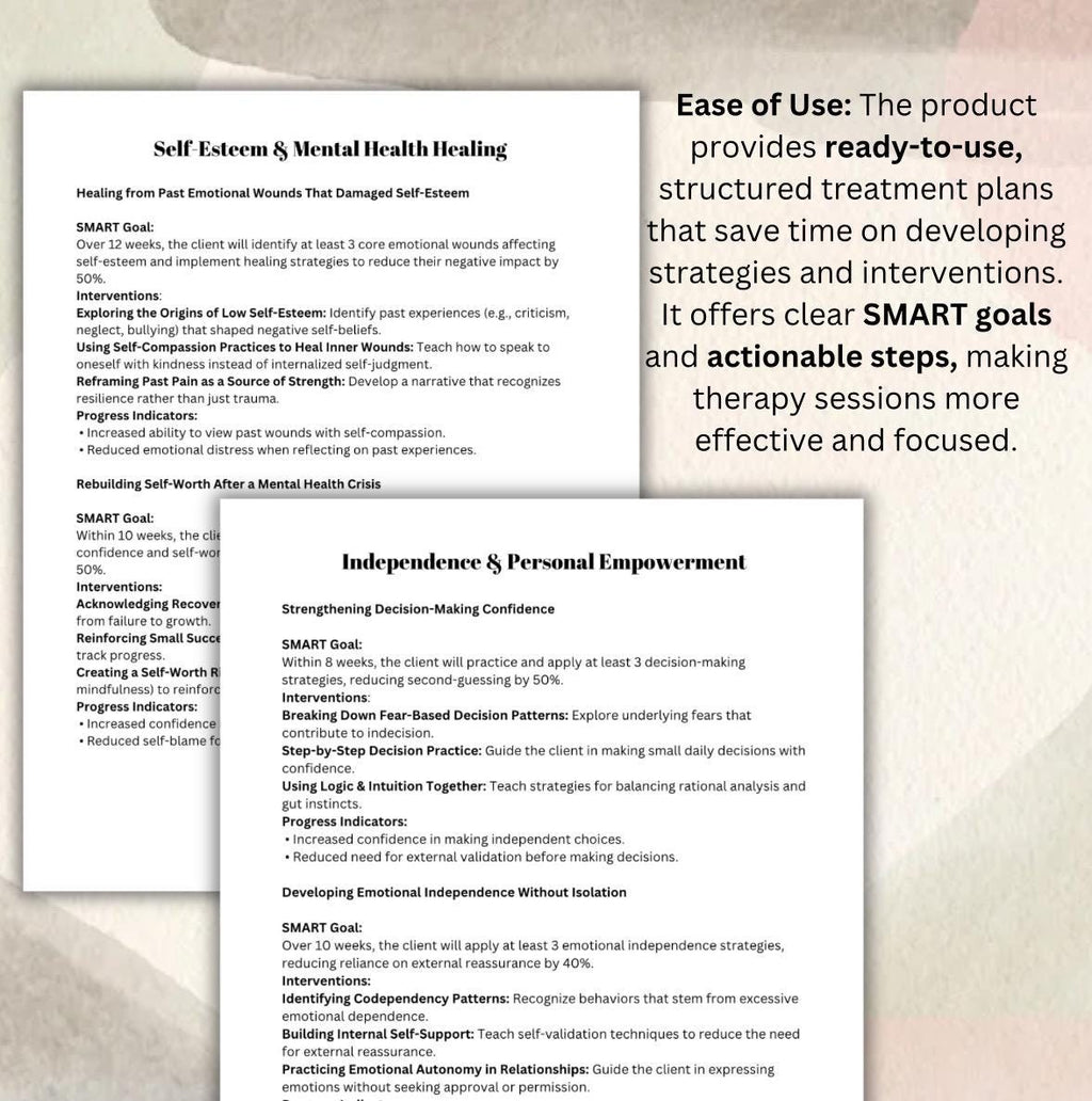 Treatment Plans: Self-Esteem, Confidence, Independence (PDF) Personal Growth Therapy Session Support Tool