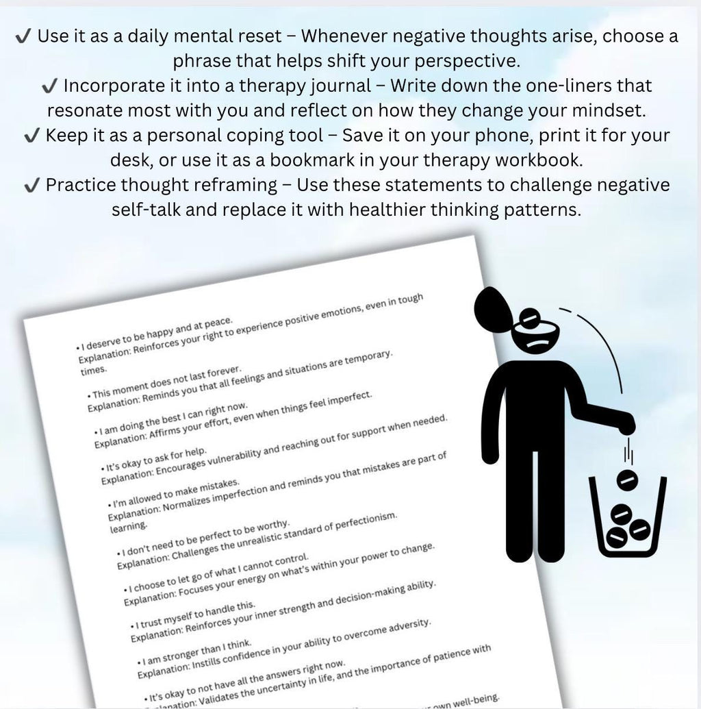 One Liners to Reverse Negative Thoughts Help with Negativity Reframe Unhelpful Thinking Client Handout