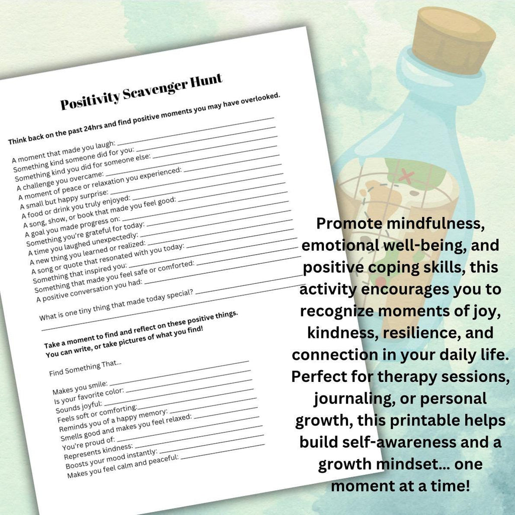 Mindfulness Scavenger Hunt Reflection Activity Positivity Therapy Worksheet Coping Skills