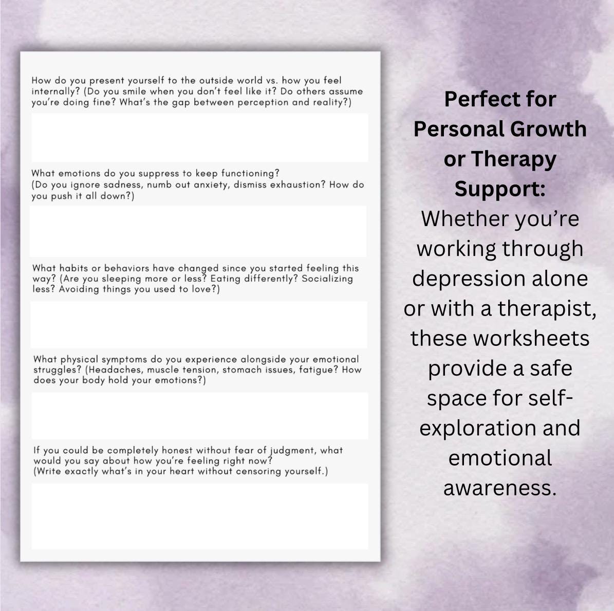 Functional Depression Worksheets Exploring Hidden Burdens, Emotional Exhaustion the Masks We Wear Mental Health Journaling