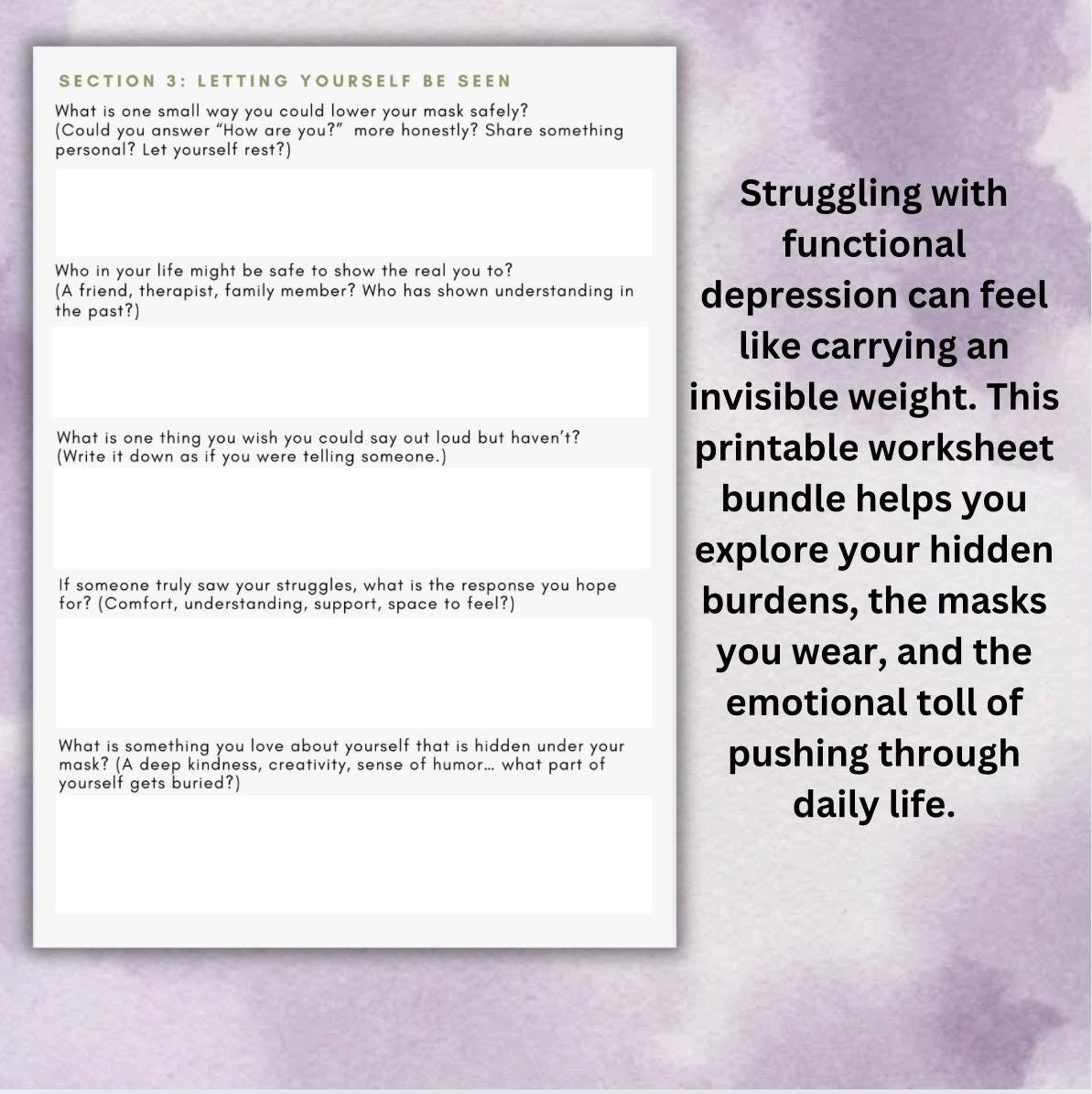 Functional Depression Worksheets Exploring Hidden Burdens, Emotional Exhaustion the Masks We Wear Mental Health Journaling