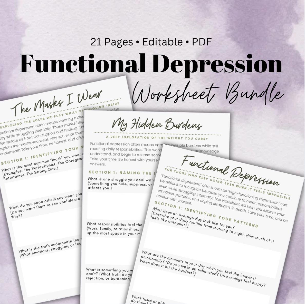 Functional Depression Worksheets Exploring Hidden Burdens, Emotional Exhaustion the Masks We Wear Mental Health Journaling