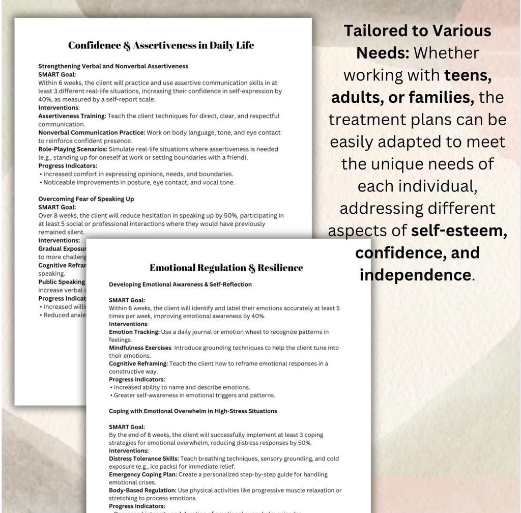 Treatment Plans: Self-Esteem, Confidence, Independence (PDF) Personal Growth Therapy Session Support Tool