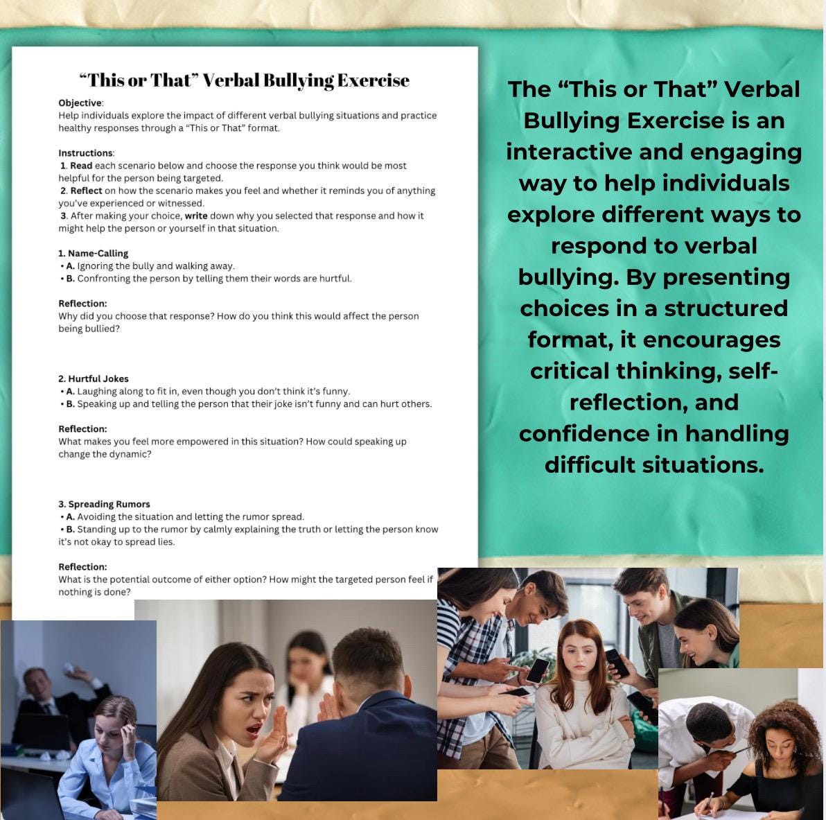 Verbal Bullying Coping Skills Workbook Printable Self-Esteem & Awareness Exercises for Children and Teens