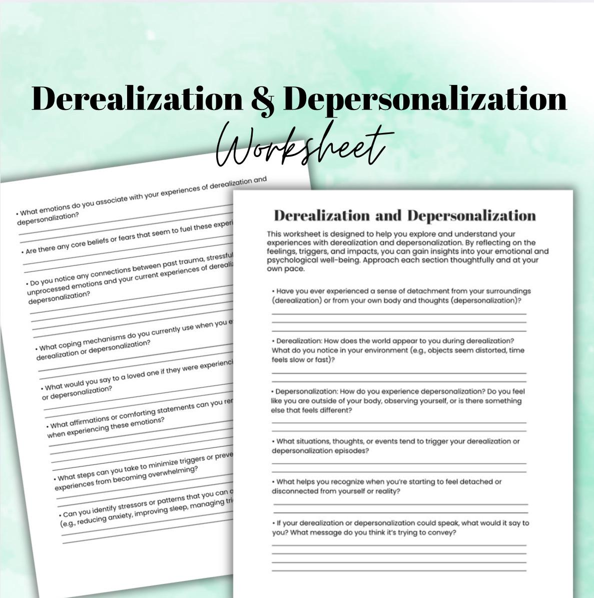 Derealization & Depersonalization Guided Self-Reflection Worksheet Triggers Healing Reflection Exercise
