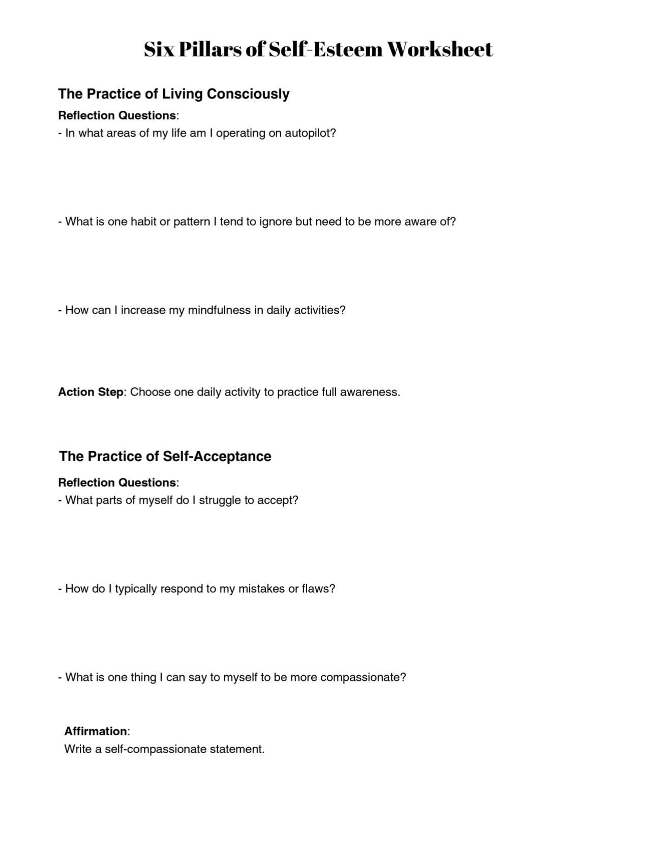 Six Pillars of Self-Esteem Bundle Guided Worksheet Info Sheet for Confidence & Growth