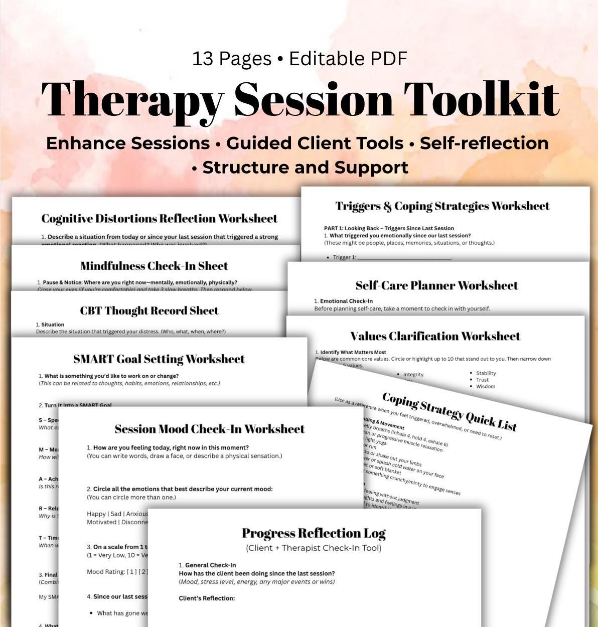 Therapy Session Toolkit: CBT, Mindfulness Worksheets (Editable PDF)