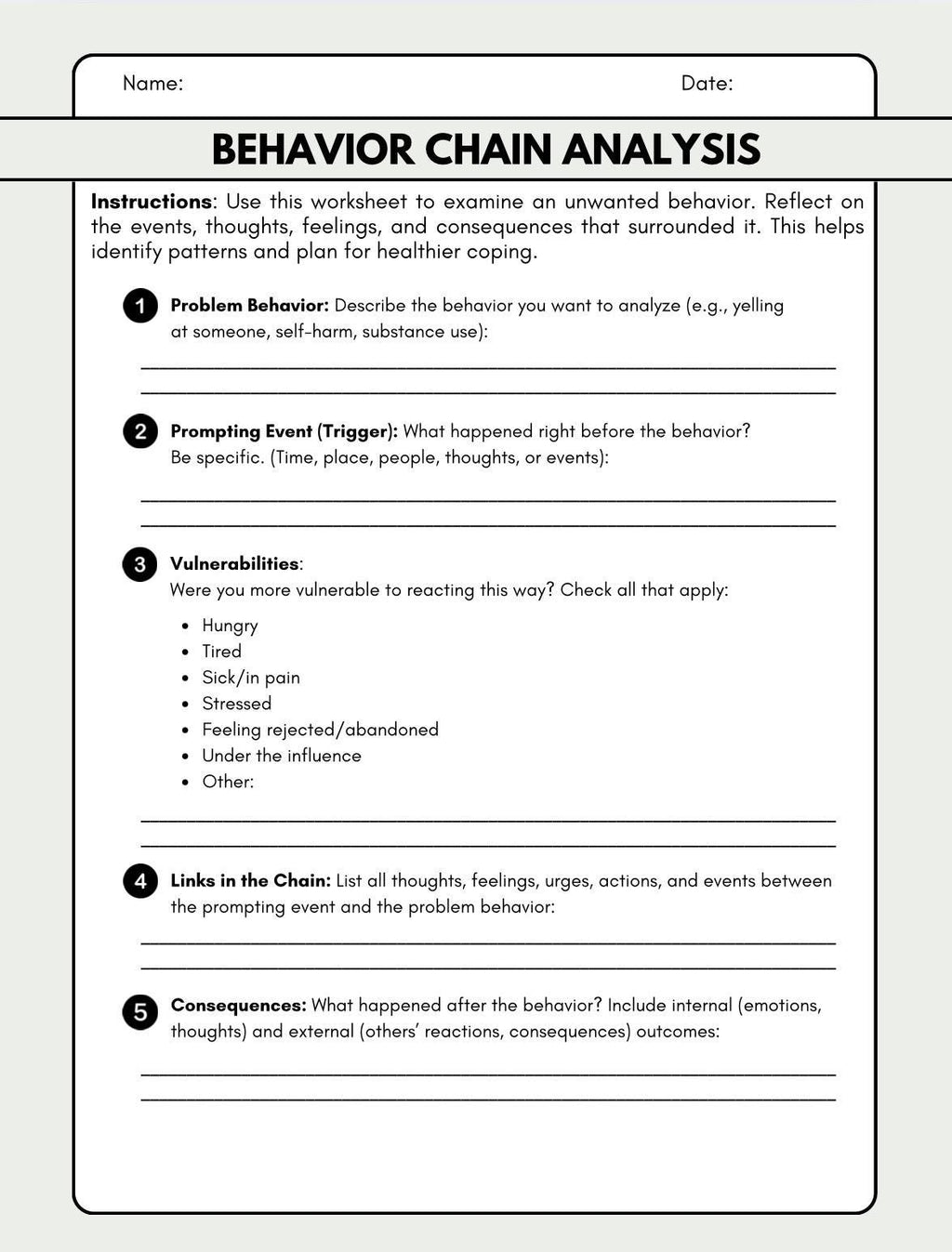Behavior Chain Analysis Worksheet DBT-Inspired Printable for Emotional Insight & Coping
