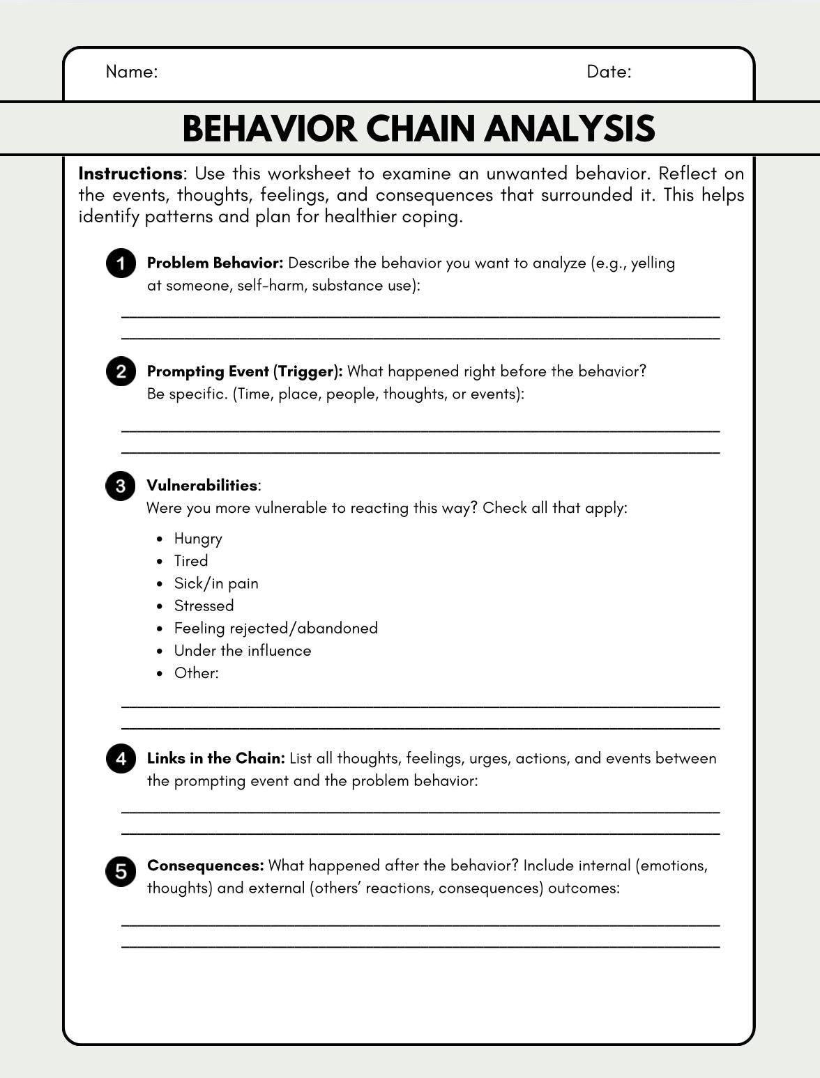 Behavior Chain Analysis Worksheet DBT-Inspired Printable for Emotional Insight & Coping