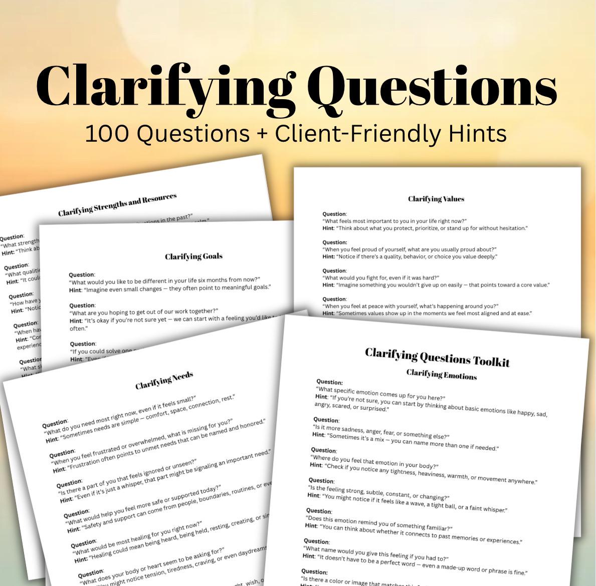 Therapist Clarifying Questions Pack  Therapy Questions with Client Reflection Hints Mental Health Professionals