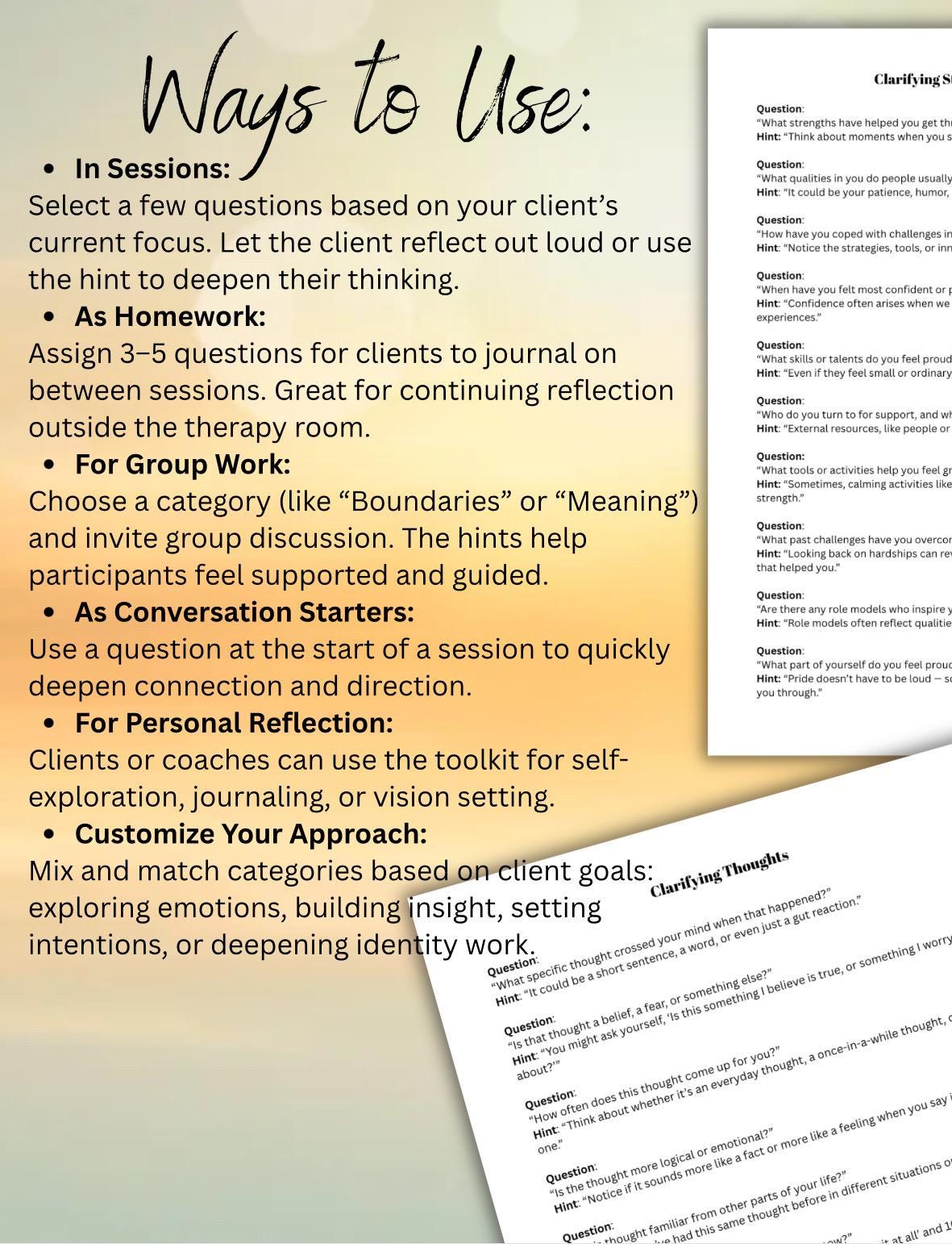 Therapist Clarifying Questions Pack  Therapy Questions with Client Reflection Hints Mental Health Professionals