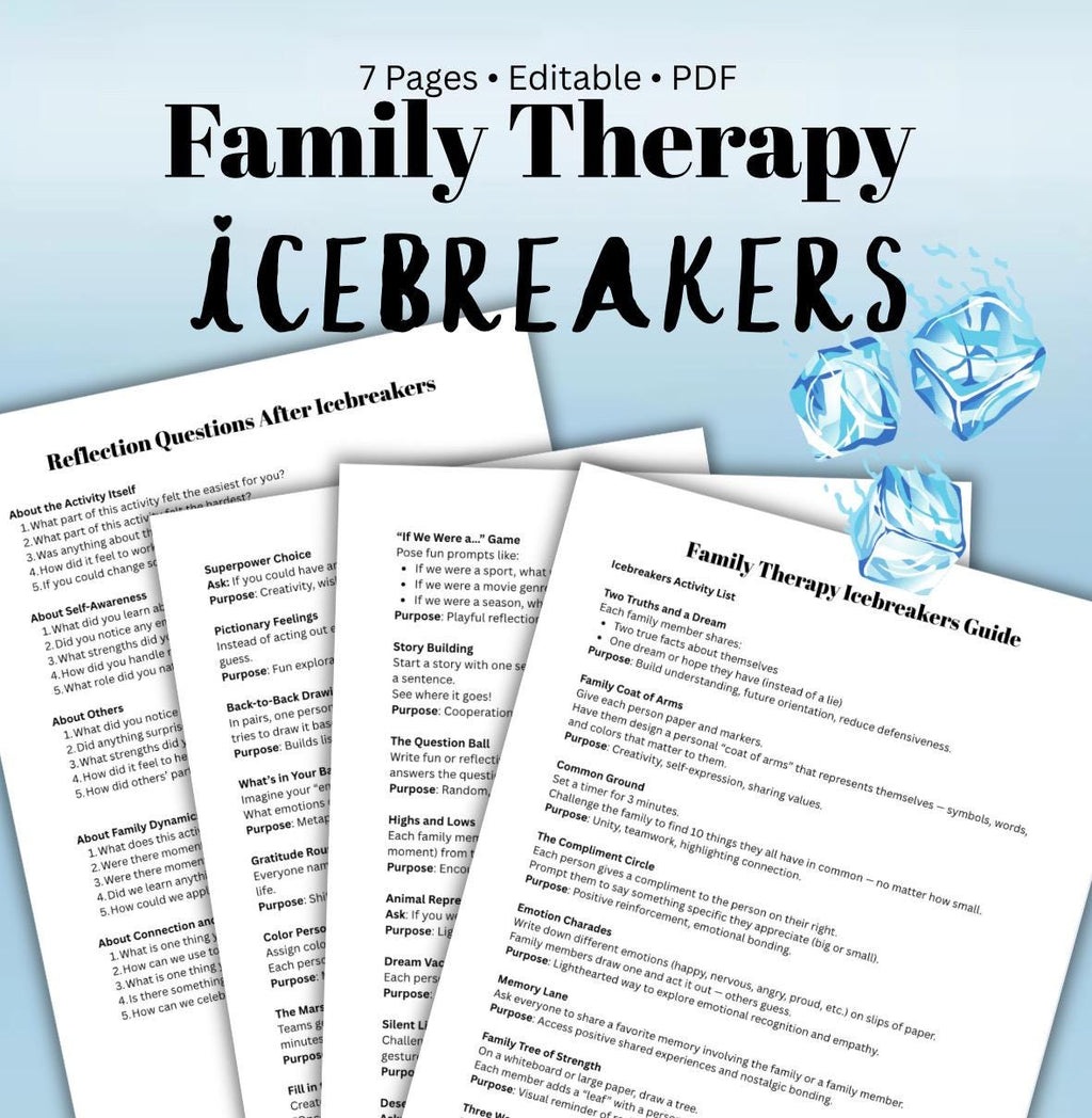 Family Therapy Ice Breakers with Reflection Questions for in Session Therapist Emotion-focused Activities