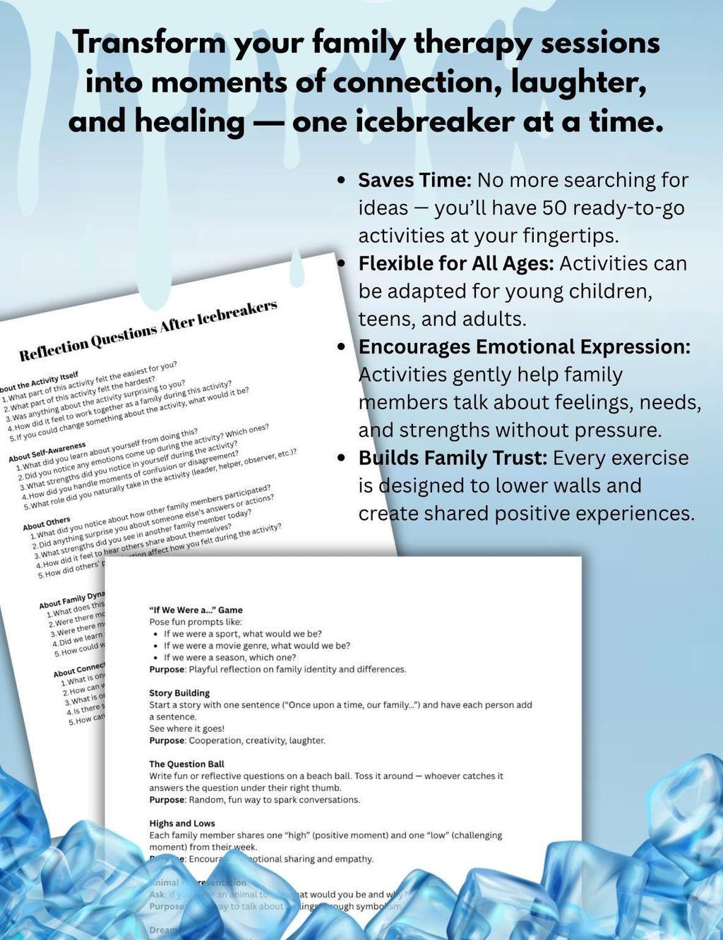 Family Therapy Ice Breakers with Reflection Questions for in Session Therapist Emotion-focused Activities