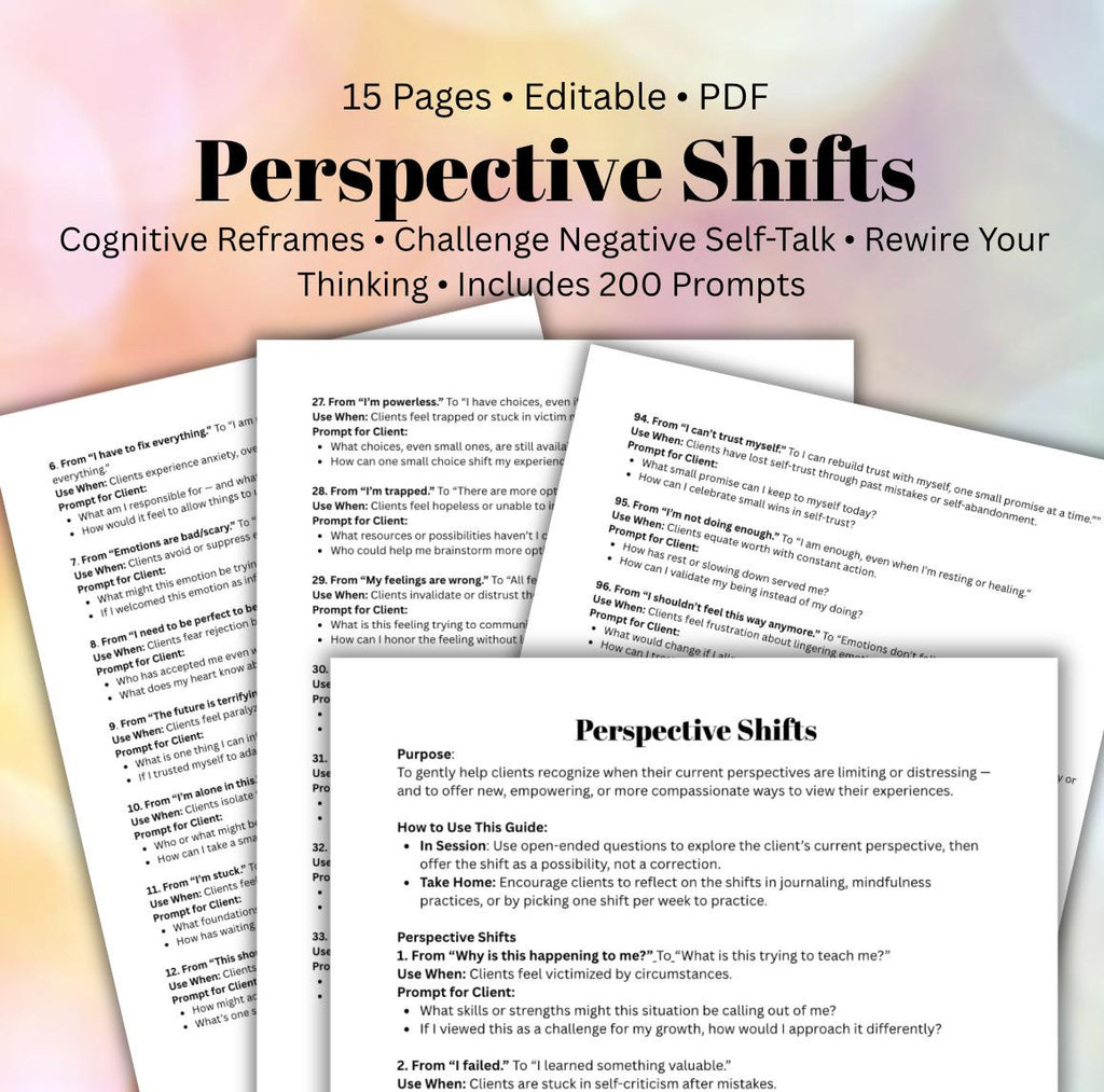 Therapeutic Perspective Shifts Cognitive Reframing Tool Mental Health Therapy Worksheets Inner Dialogue