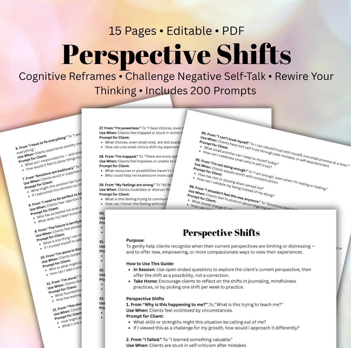 Therapeutic Perspective Shifts Cognitive Reframing Tool Mental Health Therapy Worksheets Inner Dialogue