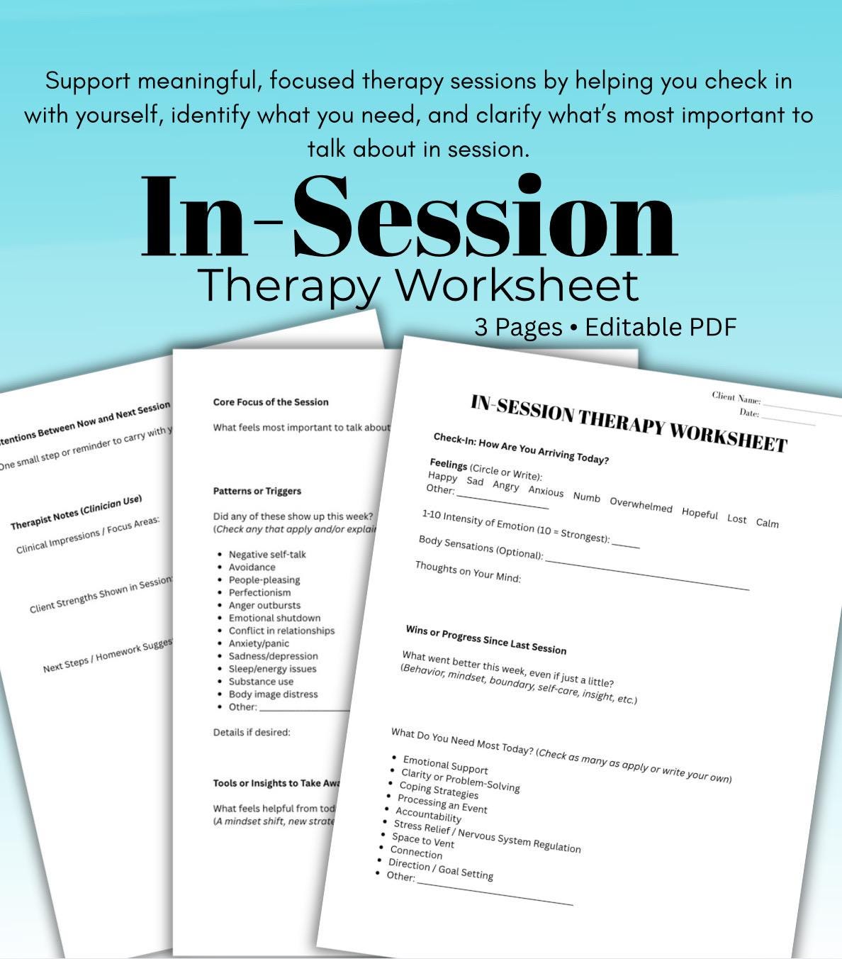 In Session Therapy Worksheet: Client Reflection & Goal Setting (Editable PDF)