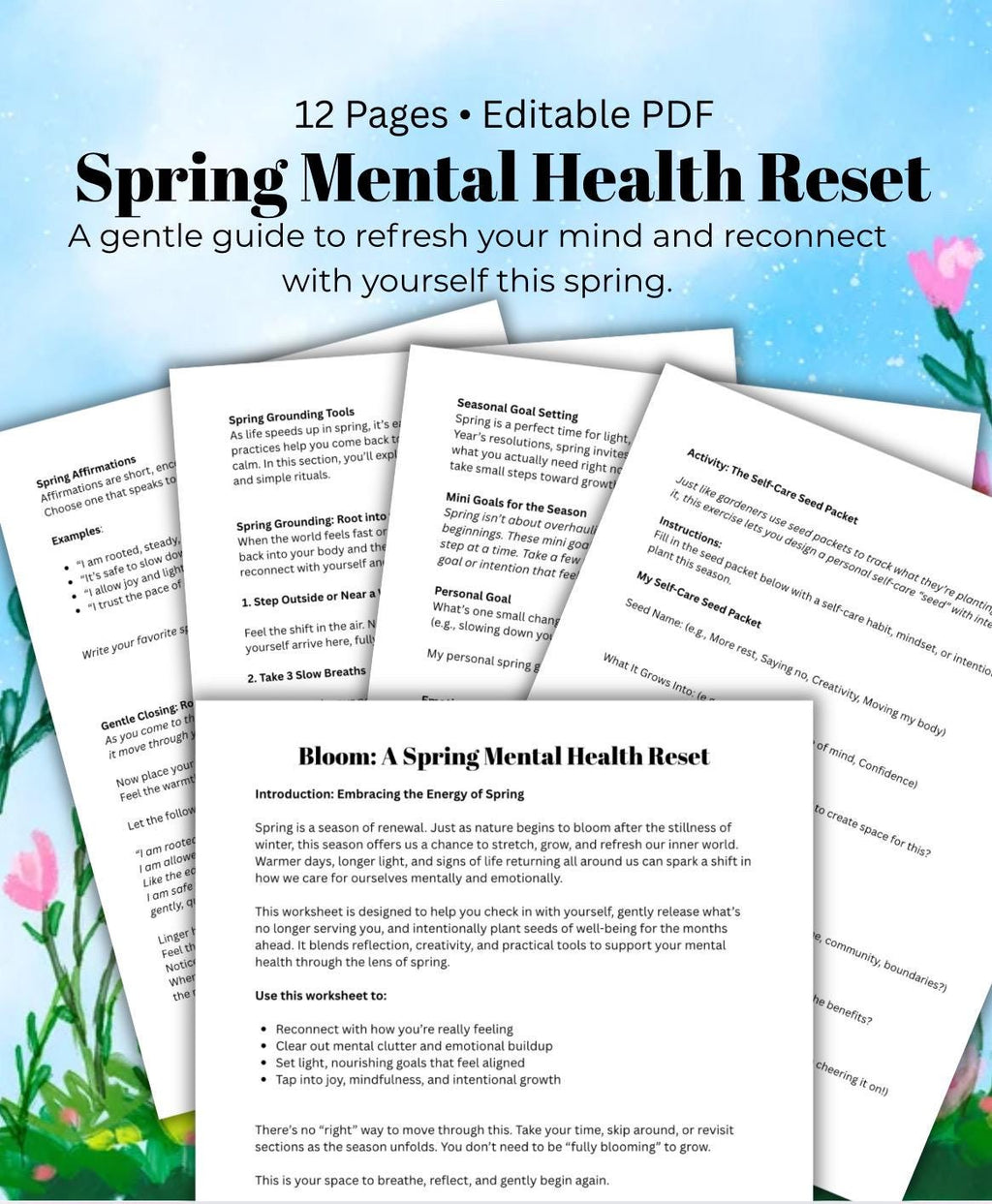 Spring Mental Health Reset Workbook: Self-Care Journal (Editable PDF)