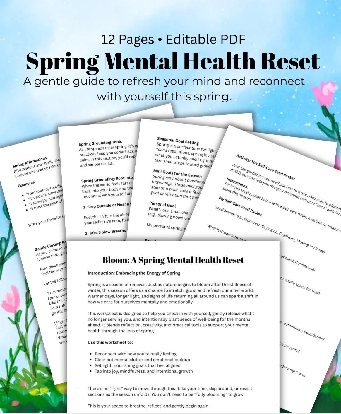 Spring Mental Health Reset Workbook: Self-Care Journal (Editable PDF)