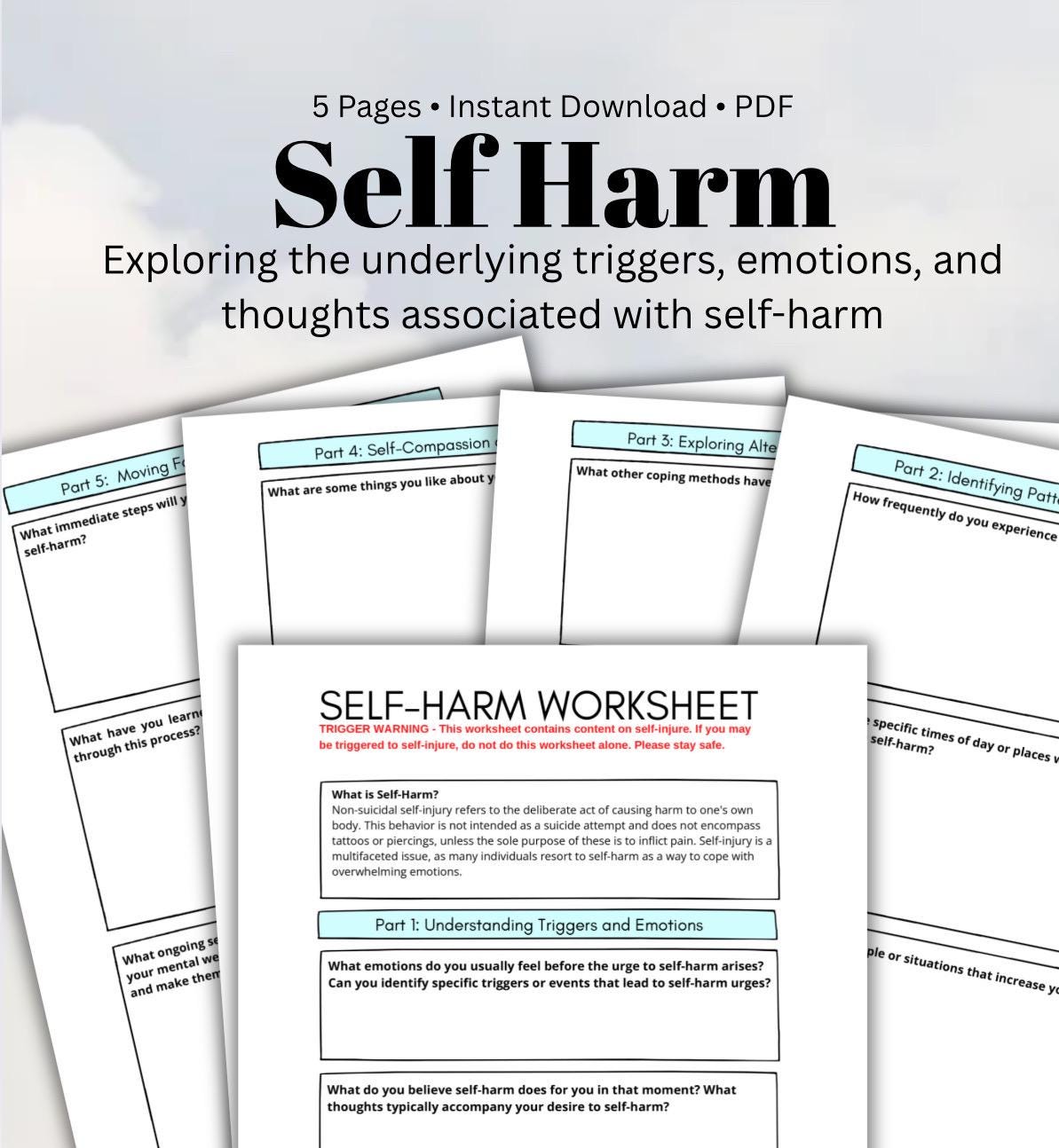 Self Harm Worksheet: Self-Injury Coping, Triggers, and Support (PDF Print)