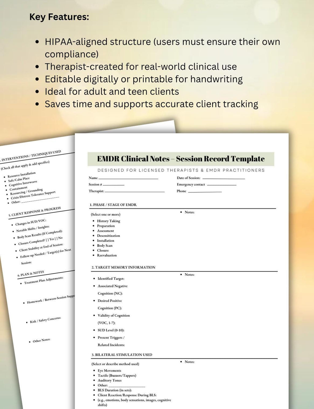 EMDR Clinical Documentation Set for Therapists Session Template Safe Place SUD/VOC Therapy Documents