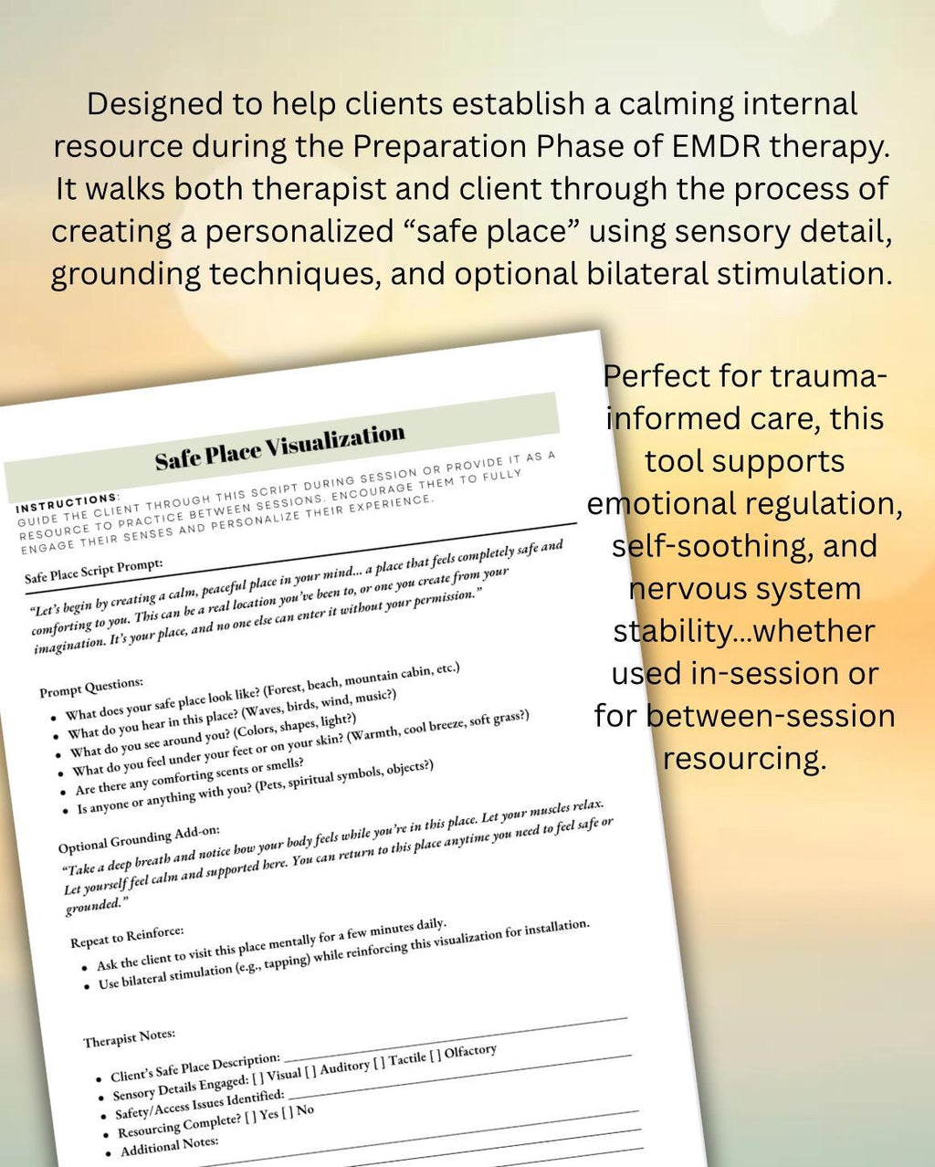 EMDR Clinical Documentation Set for Therapists Session Template Safe Place SUD/VOC Therapy Documents