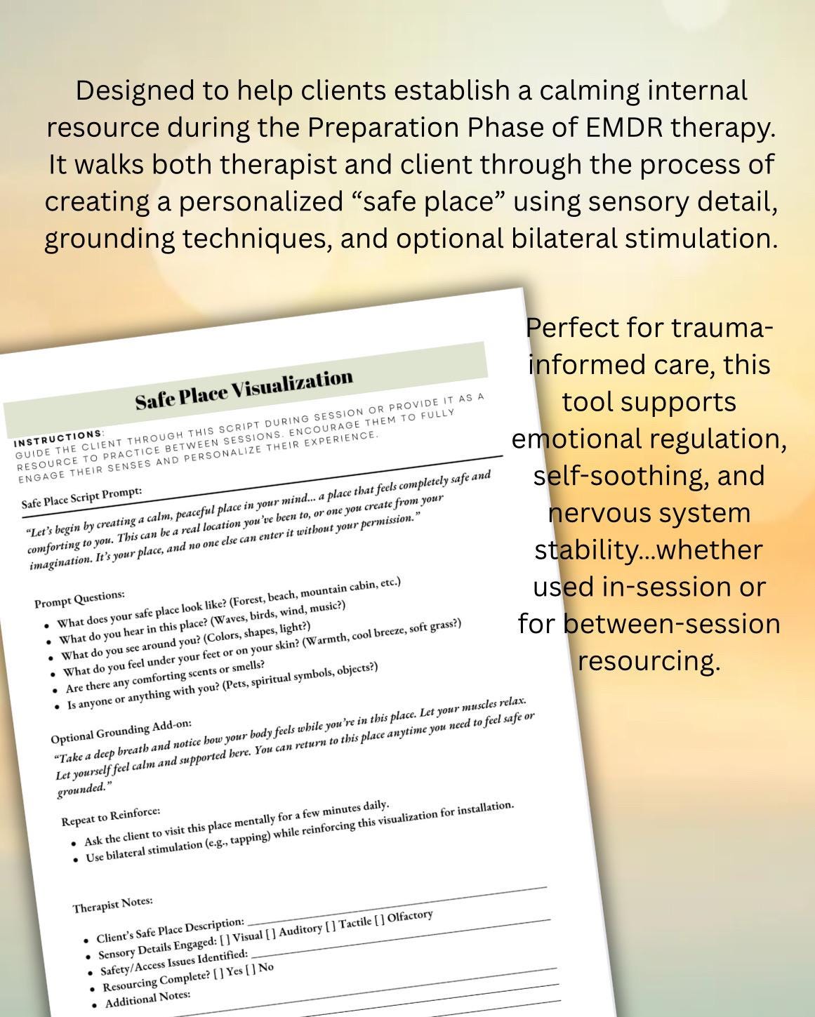 EMDR Clinical Documentation Set for Therapists Session Template Safe Place SUD/VOC Therapy Documents