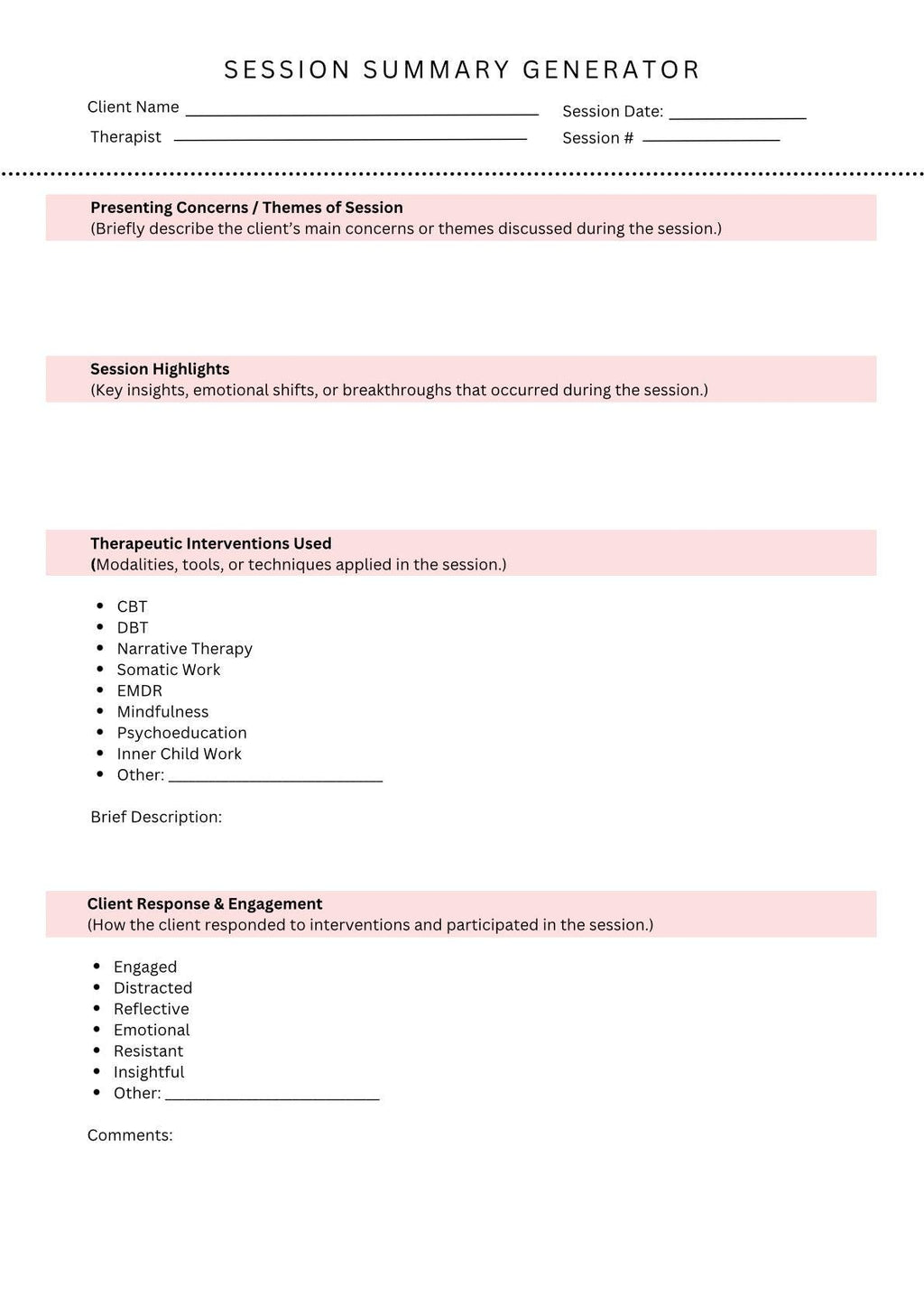 Therapy Session Summary Template Therapist Notes PDF  Mental Health Documentation Tool Clinical Notes