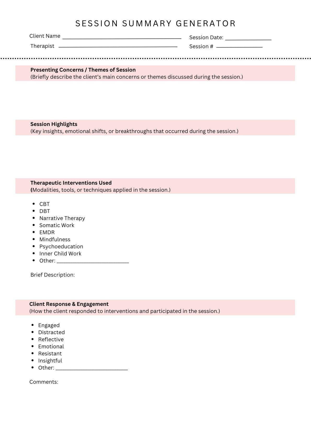 Therapy Session Summary Template Therapist Notes PDF  Mental Health Documentation Tool Clinical Notes