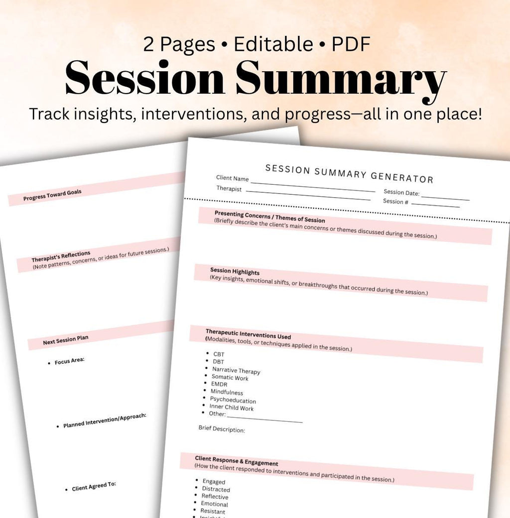 Therapy Session Summary Template Therapist Notes PDF  Mental Health Documentation Tool Clinical Notes