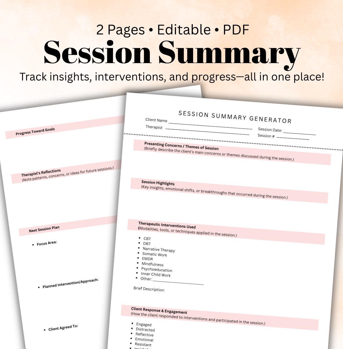 Therapy Session Summary Template Therapist Notes PDF  Mental Health Documentation Tool Clinical Notes