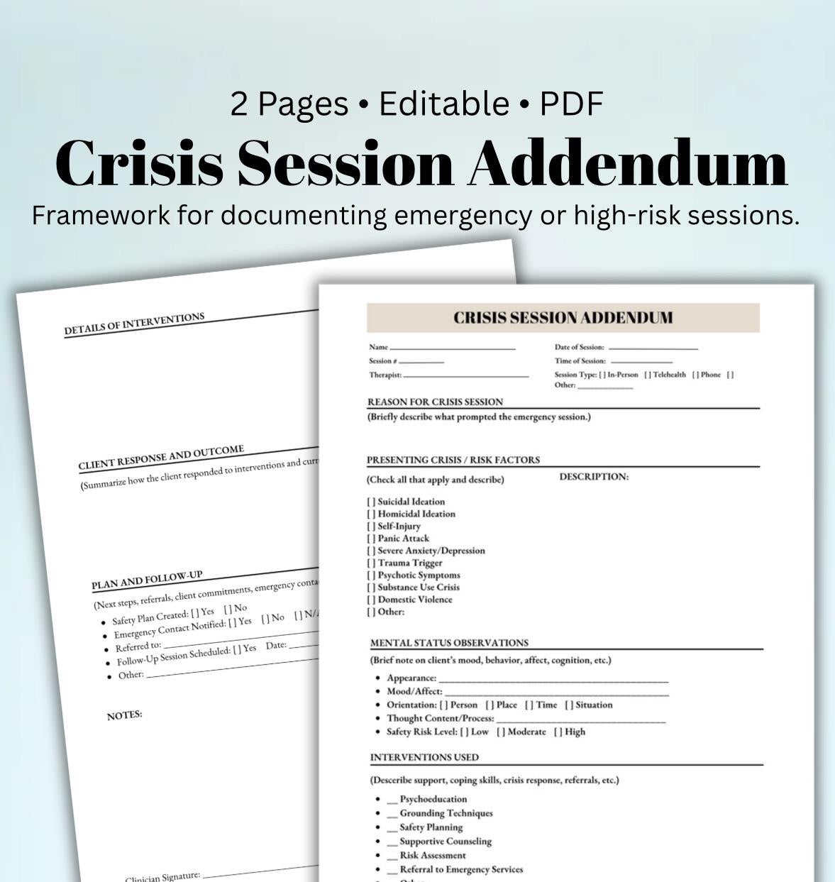 Crisis Session Addendum Template: Therapist Emergency Documentation (Editable PDF)