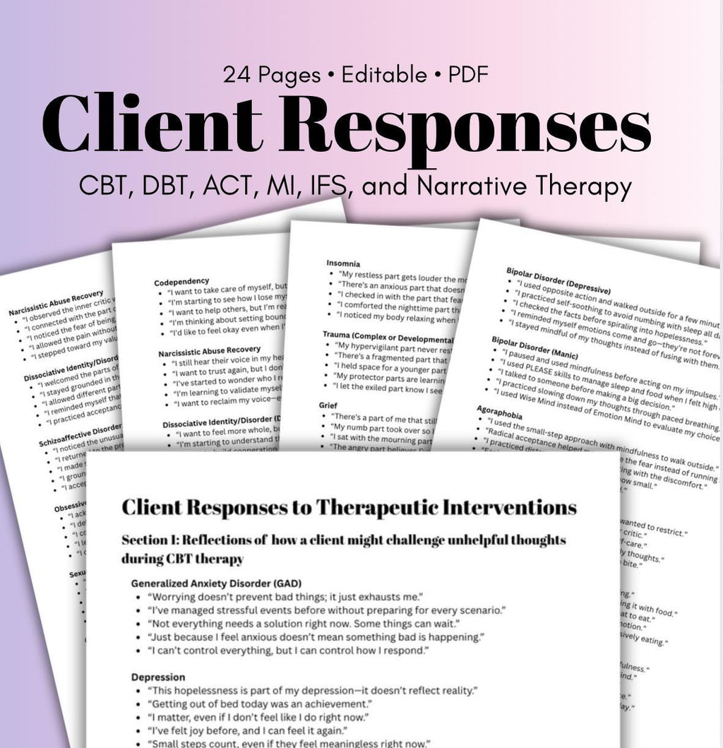 Client Response Examples for Therapists 700+ Statements Diagnoses Cbt Dbt ACT IFS MI Toolkit