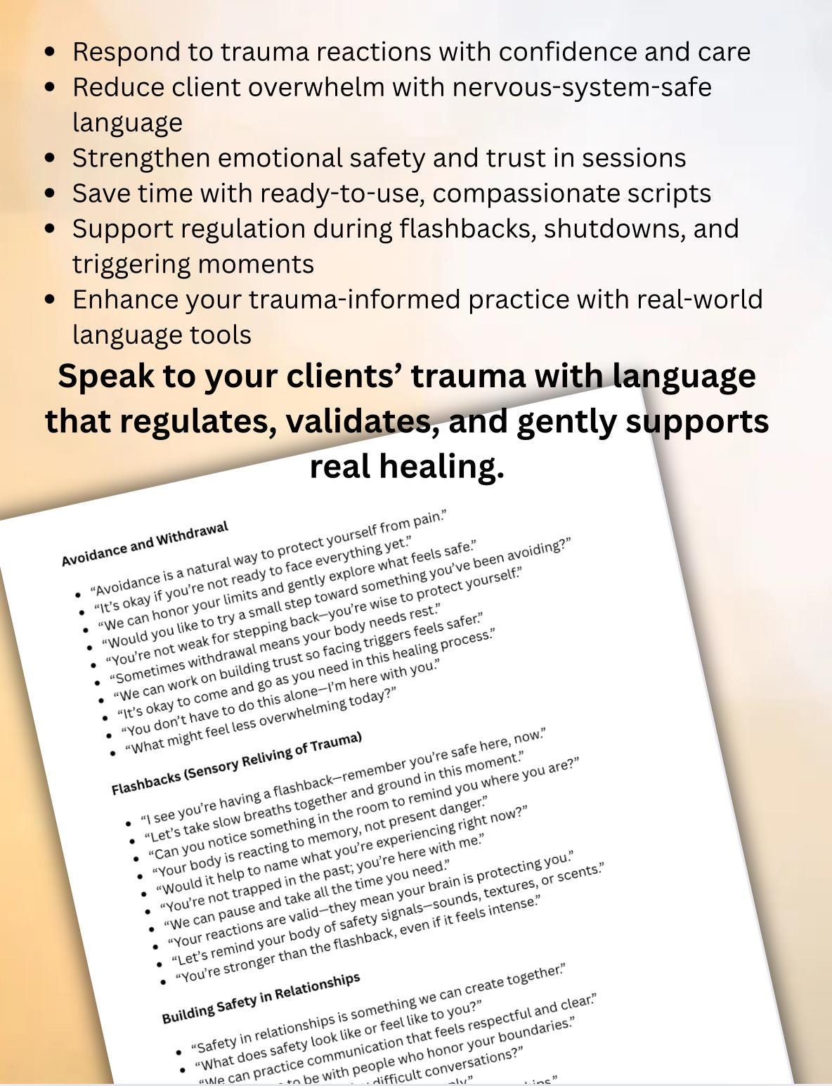 Trauma-Informed Therapy Scripts: Client Scenarios & Therapist Responses (PDF Download, Editable, 21 Pages)