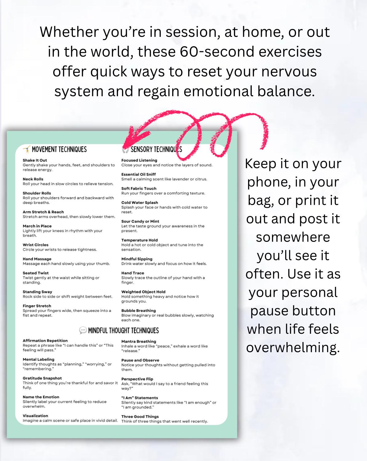 Anxiety Relief Cheat Sheet: 60-Second Grounding Exercises (PDF Downloadable Worksheet