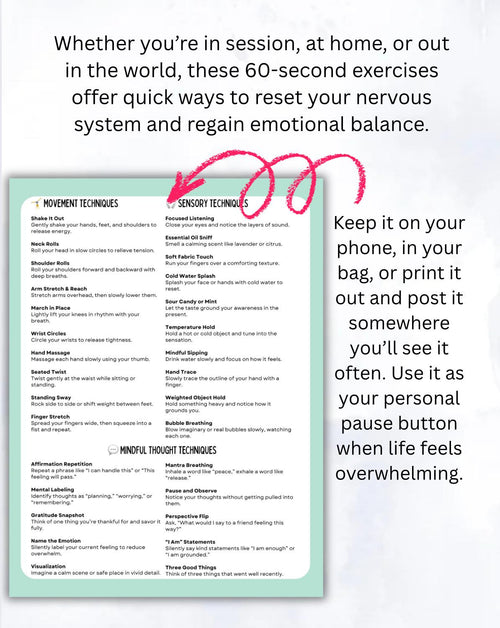 Anxiety Relief Cheat Sheet: 60-Second Grounding Exercises (PDF Downloadable Worksheet