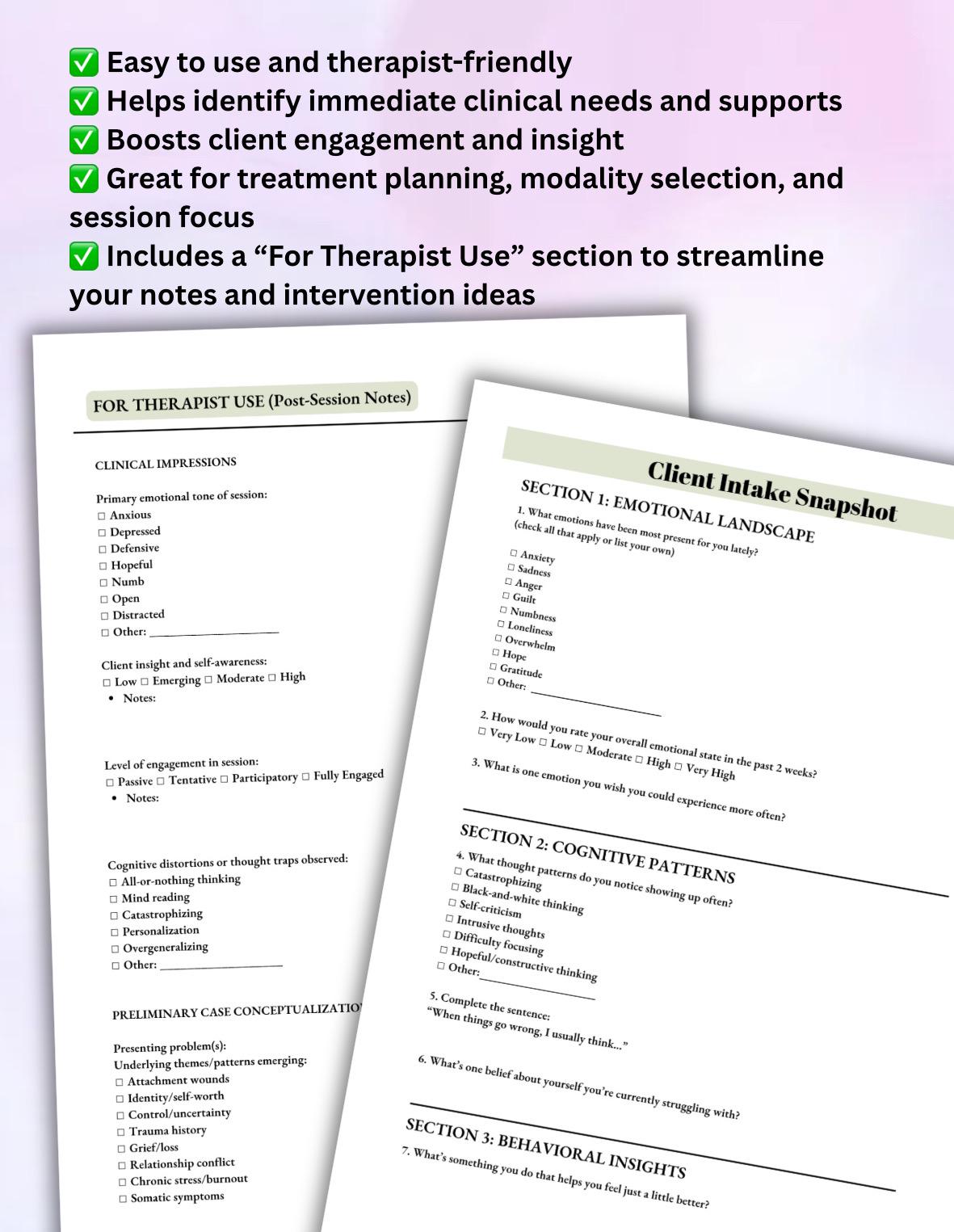 Client Intake & Intervention Planning Worksheet PDF Therapist Post-Session Planning, Mental Health Notes Printable