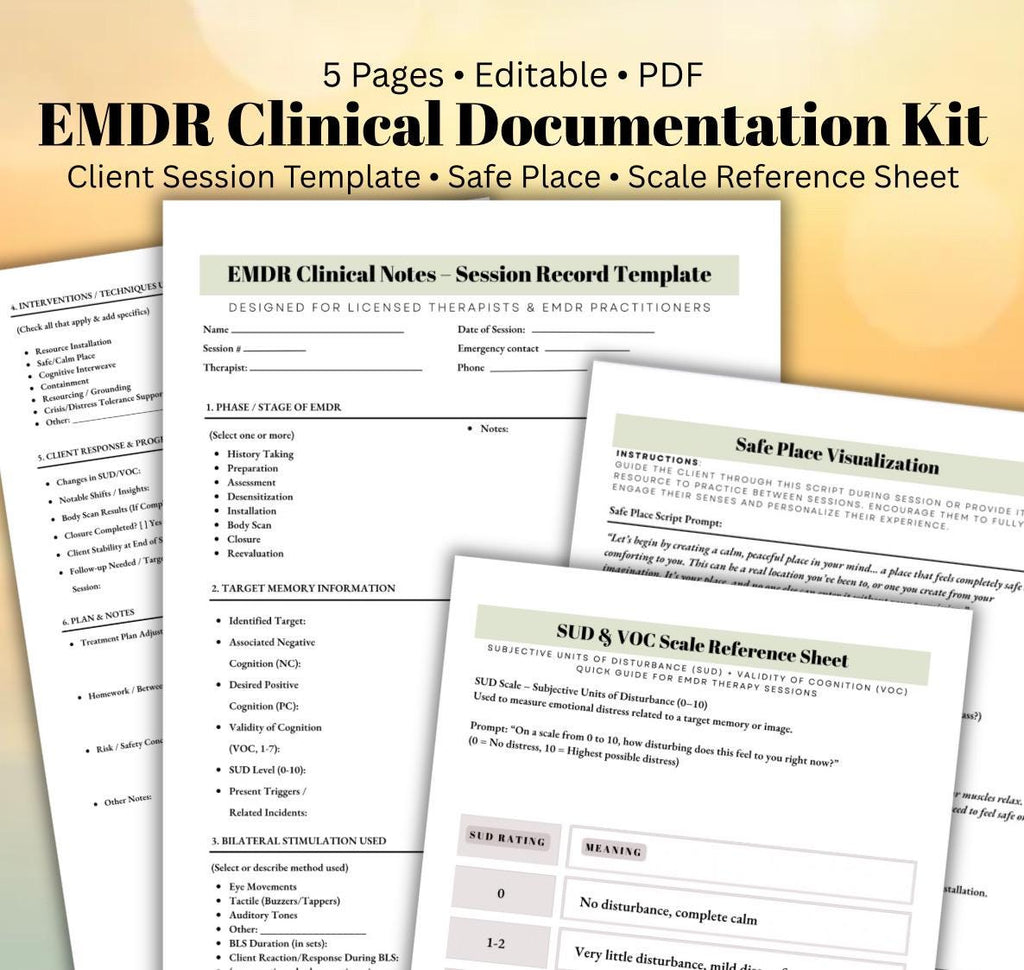 EMDR Clinical Documentation Set for Therapists Session Template Safe Place SUD/VOC Therapy Documents
