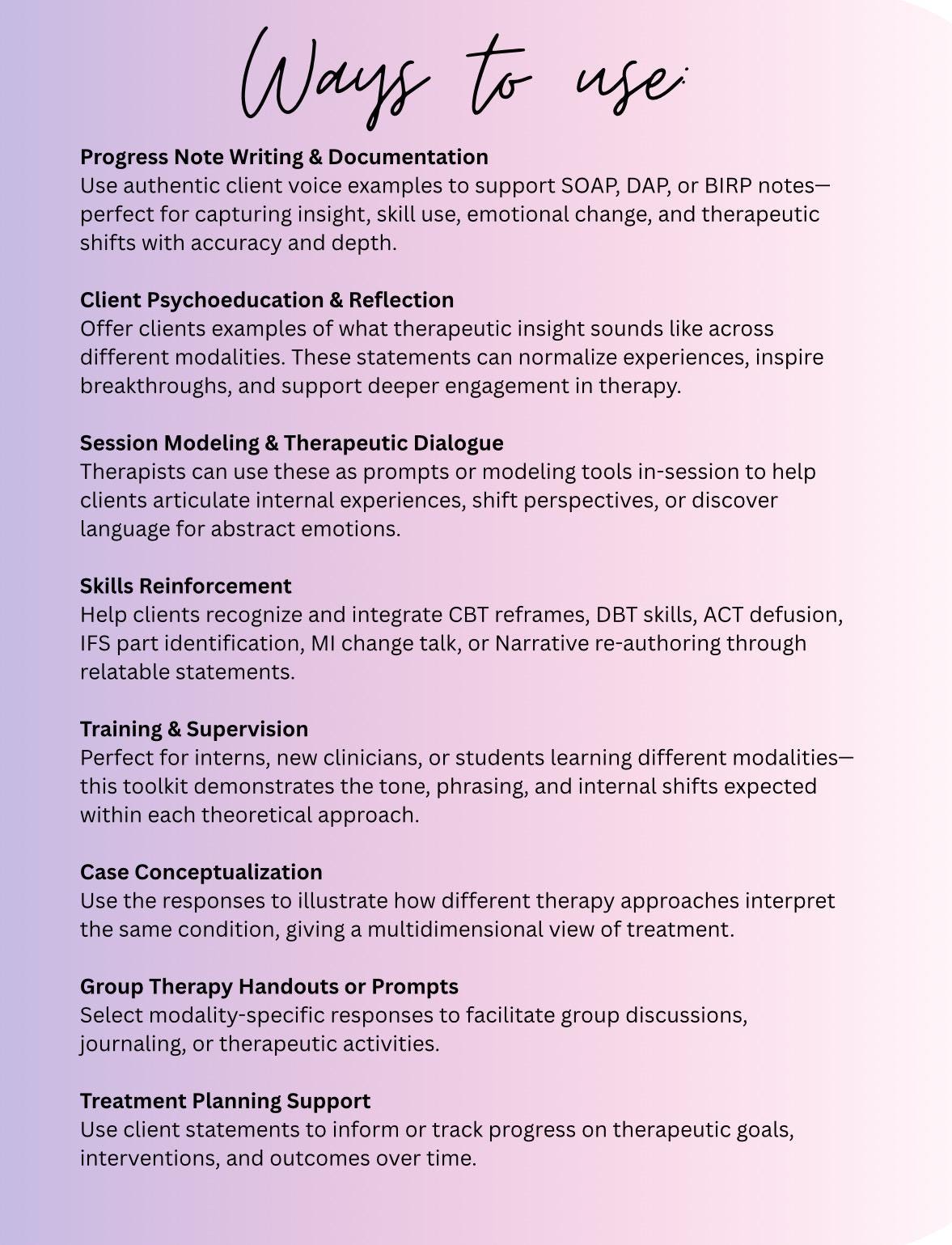 Client Response Examples for Therapists 700+ Statements Diagnoses Cbt Dbt ACT IFS MI Toolkit