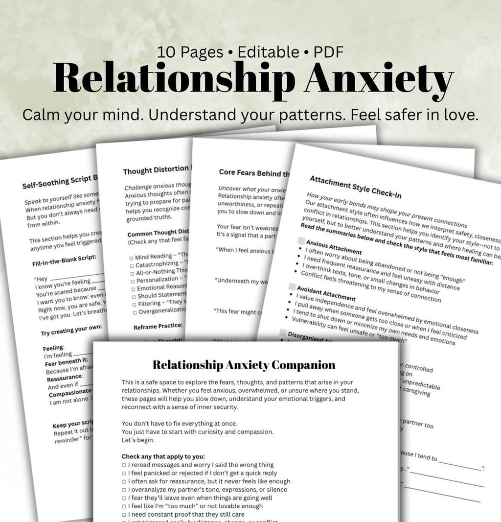 Relationship Anxiety Workbook Printable Therapy Worksheets for Overthinking Attachment Issues and Self-Soothing Tools PDF