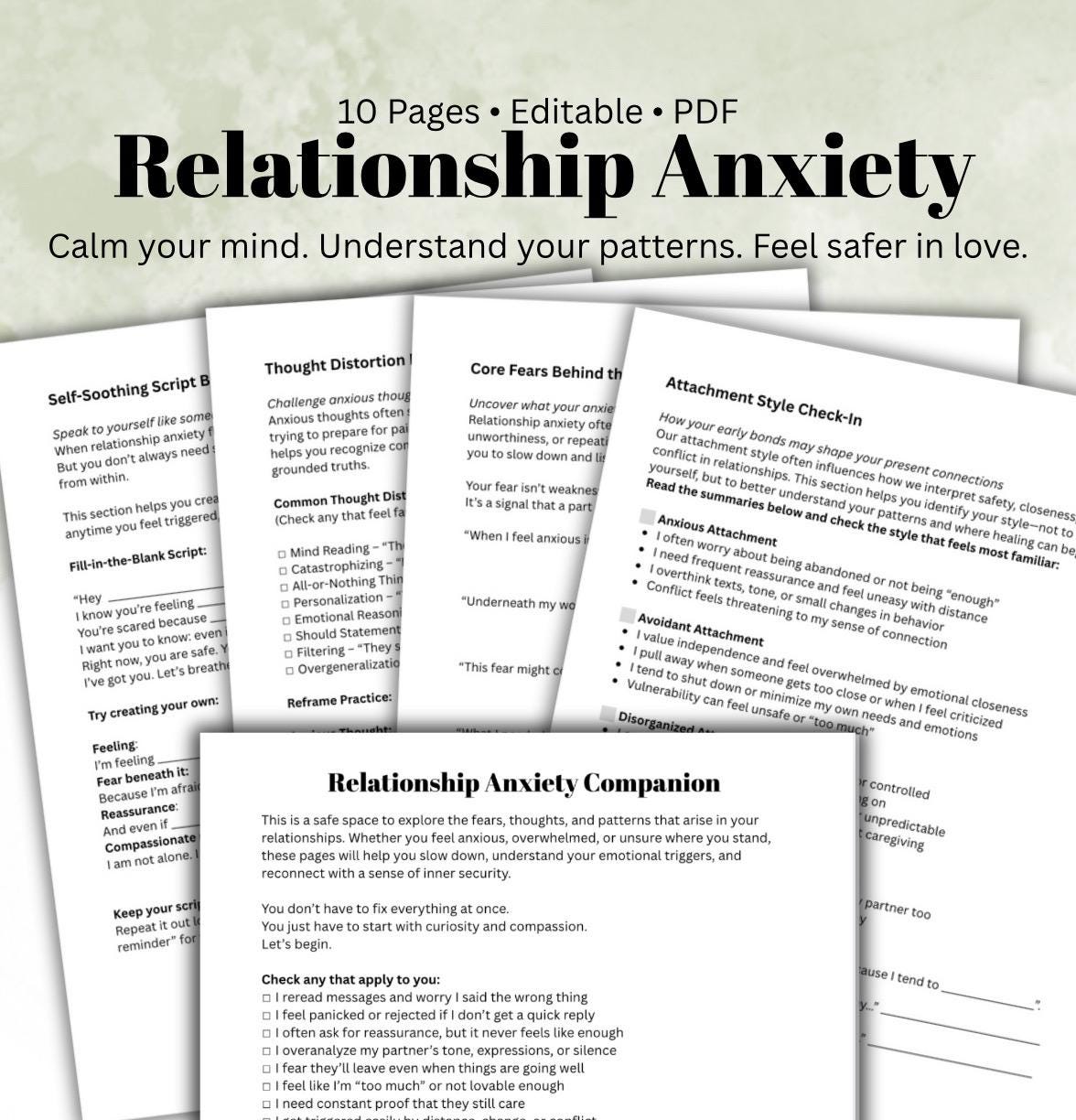 Relationship Anxiety Workbook Printable Therapy Worksheets for Overthinking Attachment Issues and Self-Soothing Tools PDF