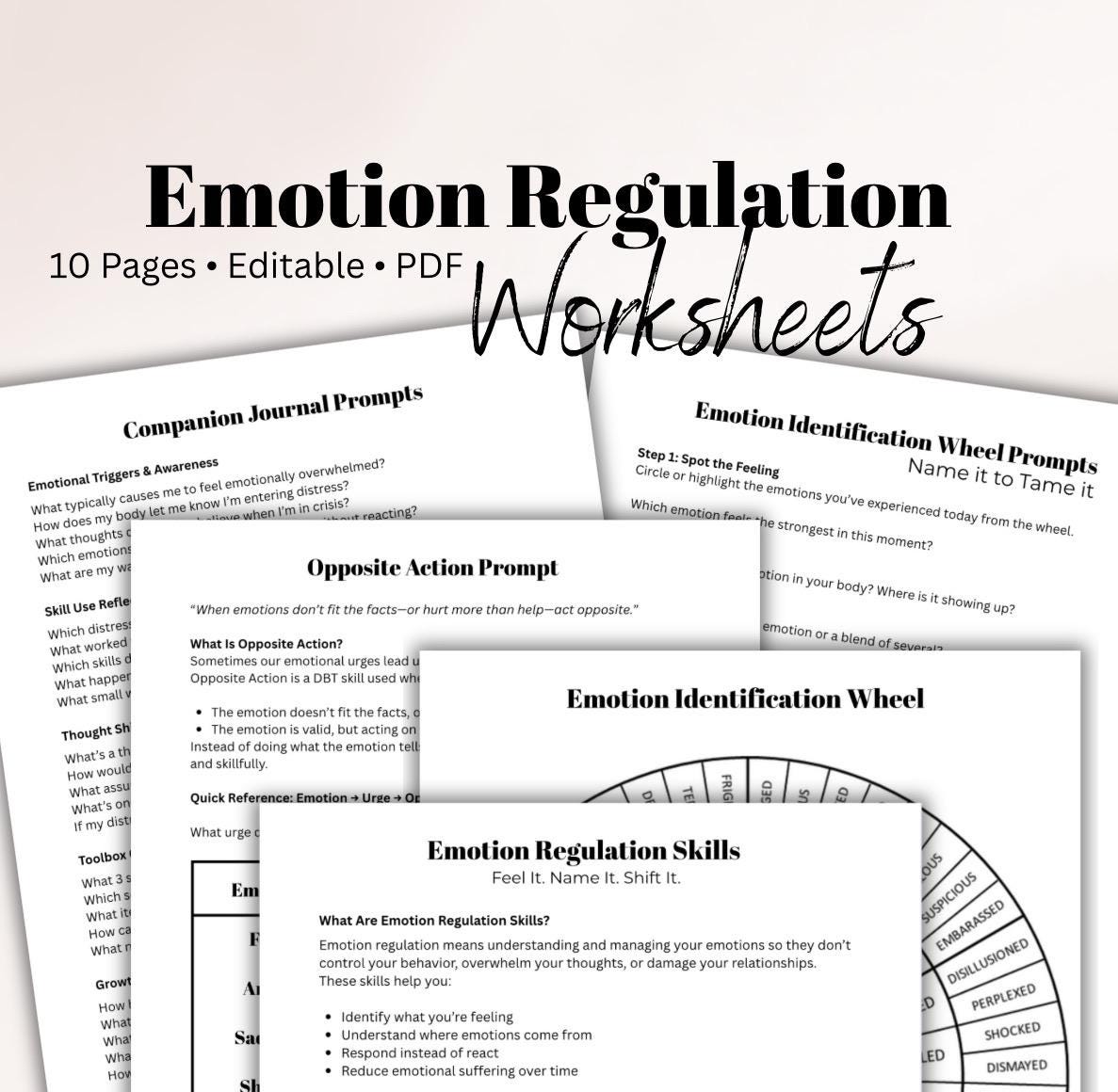 DBT Emotion Regulation Toolkit Worksheets for Distress Tolerance Opposite Action Self-Soothing Emotion Wheel