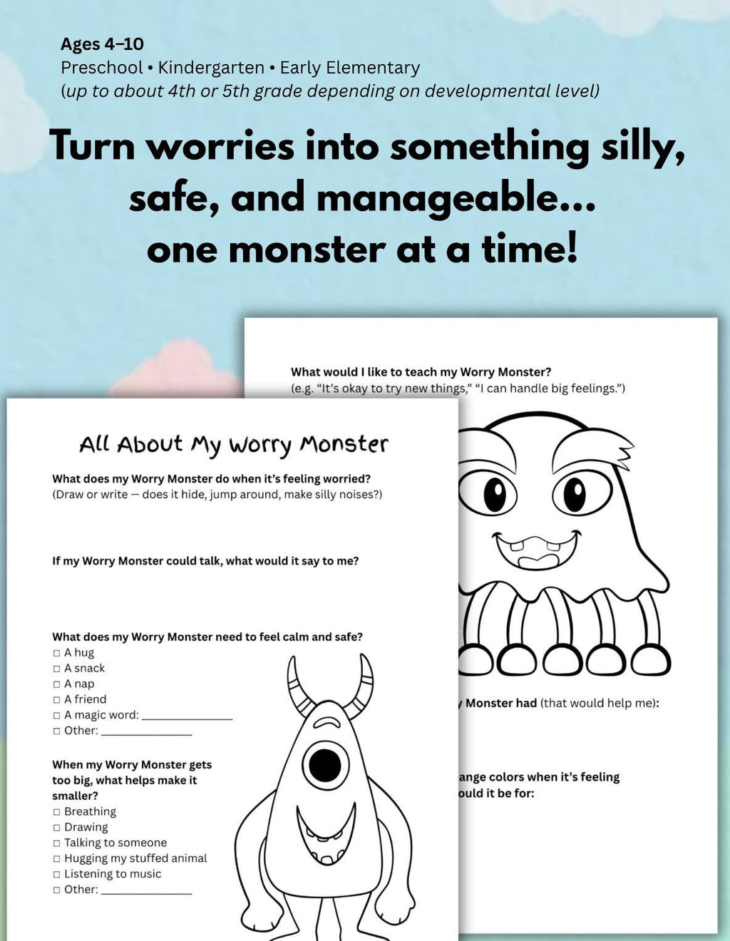 Worry Monster Activity Pack: Kids Anxiety & Emotion Regulation (PDF Download)