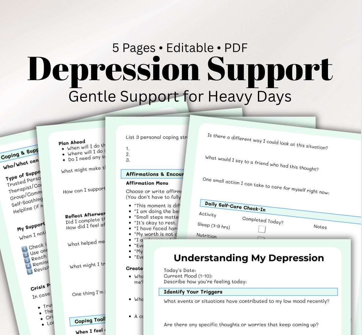 Depression Worksheet  Mental Health Workbook Therapist Client Handout Self-Help Printable Mood Tracker  Coping Tools