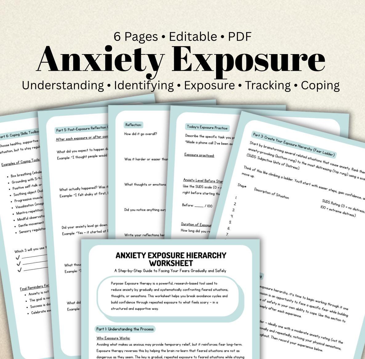 Anxiety Exposure Worksheet: Fear Ladder, CBT Therapy Tool (PDF Download, Editable, 6 Pages)