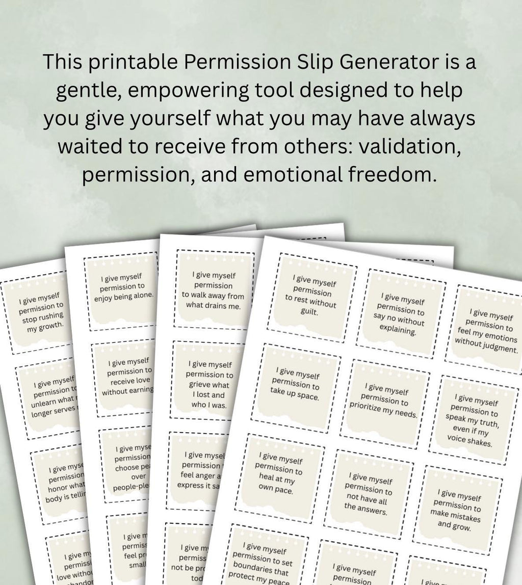 Permission Slip Generator Printable  Mental Health Affirmations Self-Care Worksheet Therapy Tool Emotional Healing