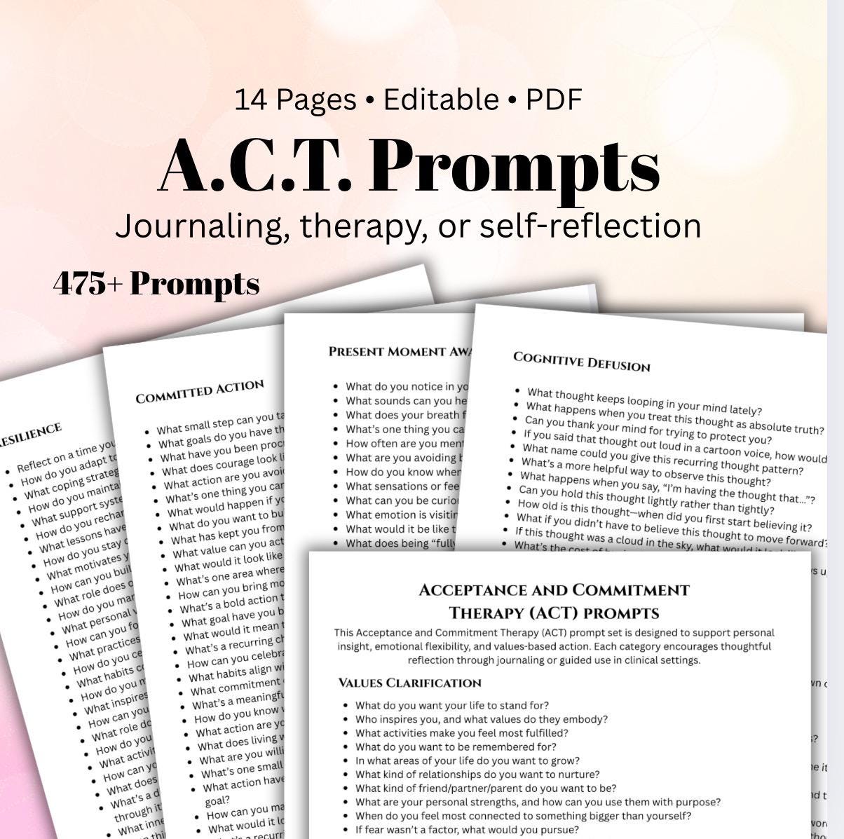 ACT Therapy Journal Prompts for Mental Health, Values Clarification (PDF)