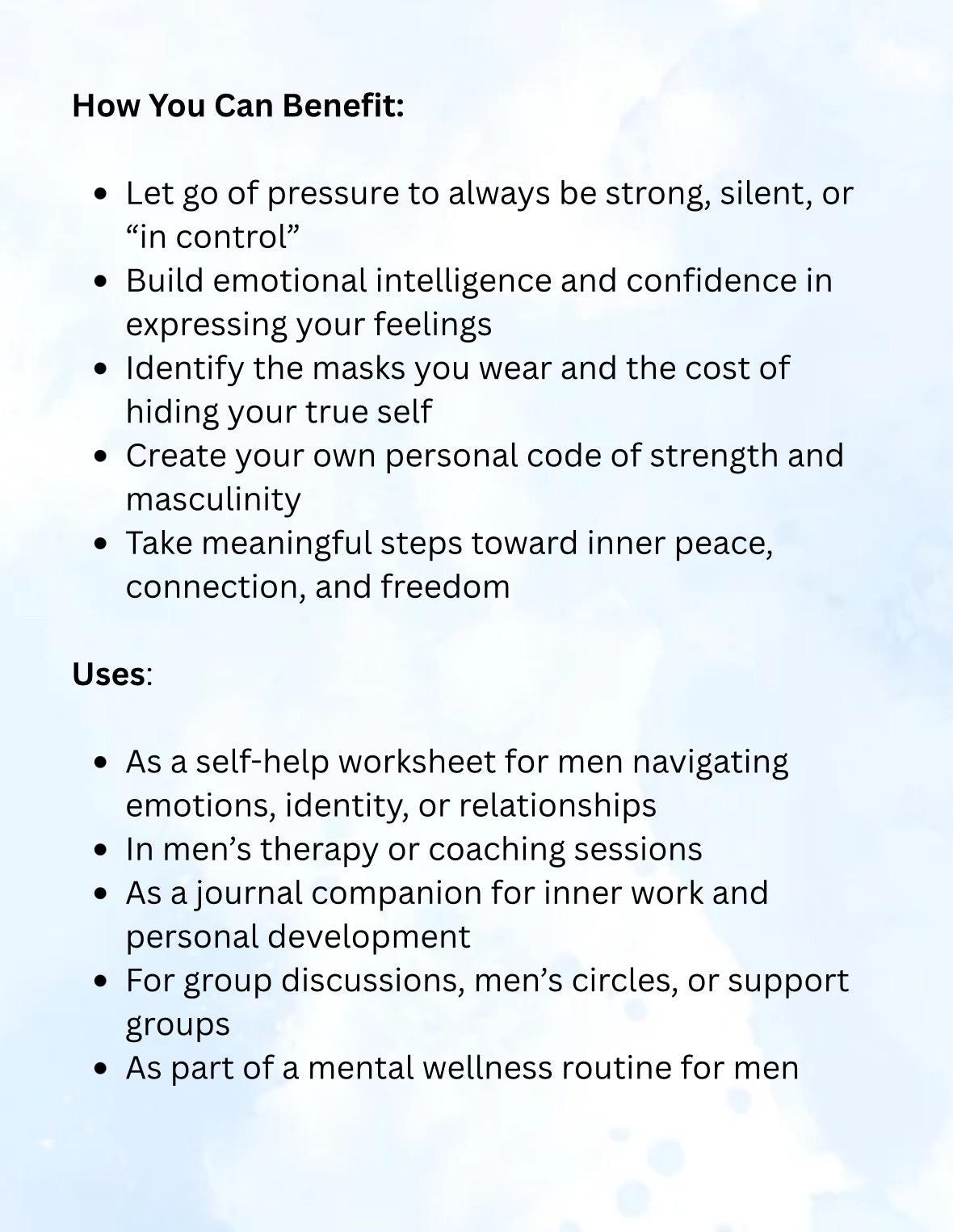 Men's Mental Health Worksheet: Emotional Wellness Workbook (Printable PDF)
