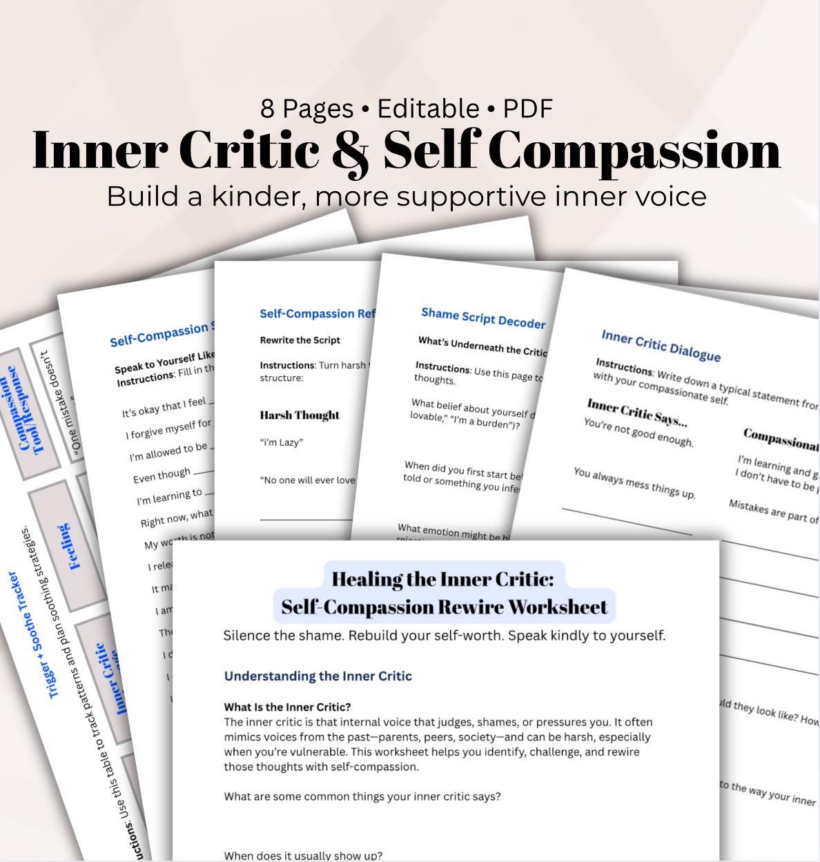 Self-Compassion Journal Prompts: Healing Inner Critic Worksheet (PDF Downloadable